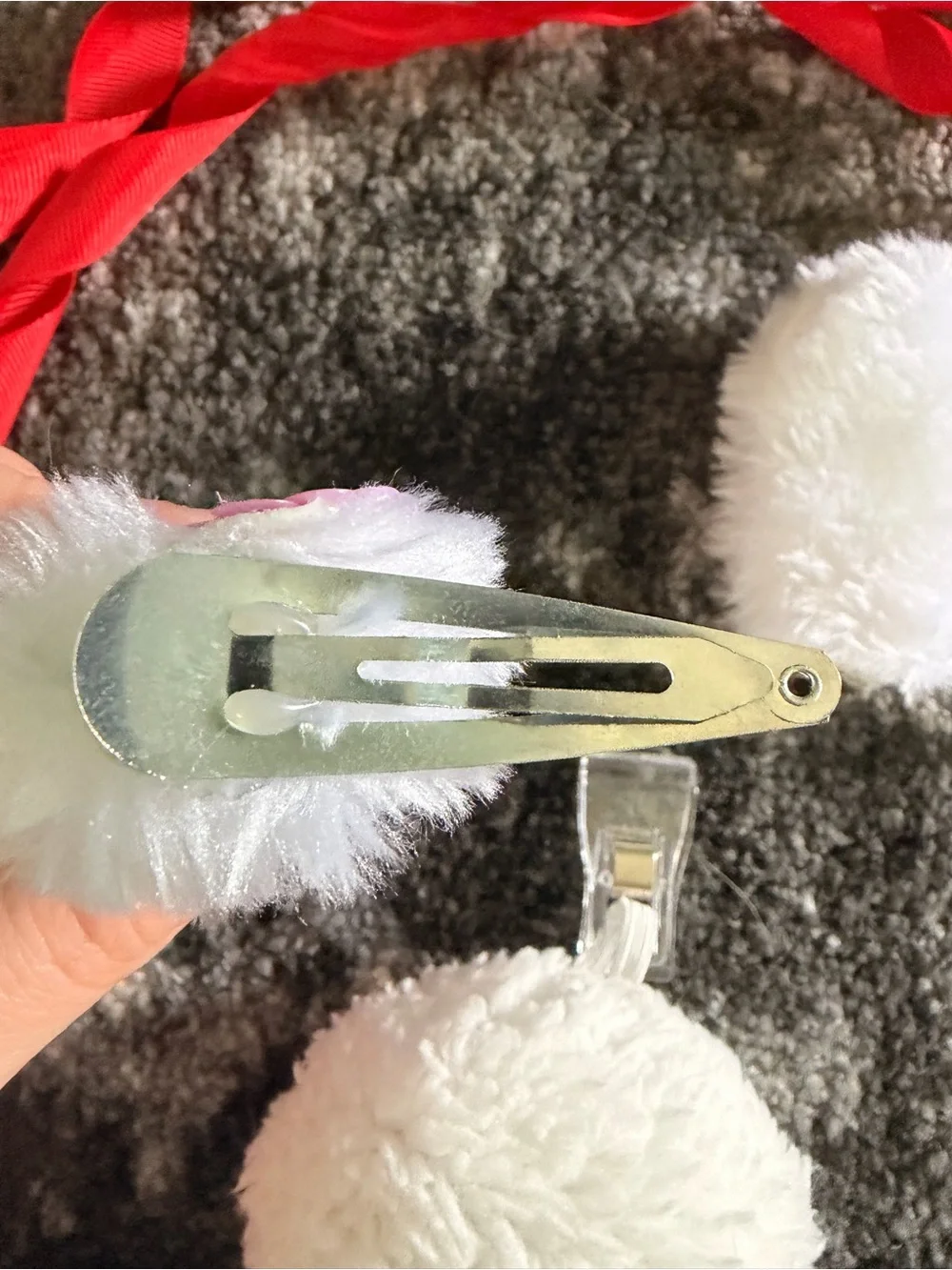 Cute Bunny Ear and Pom Clip Set with Red Ribbon